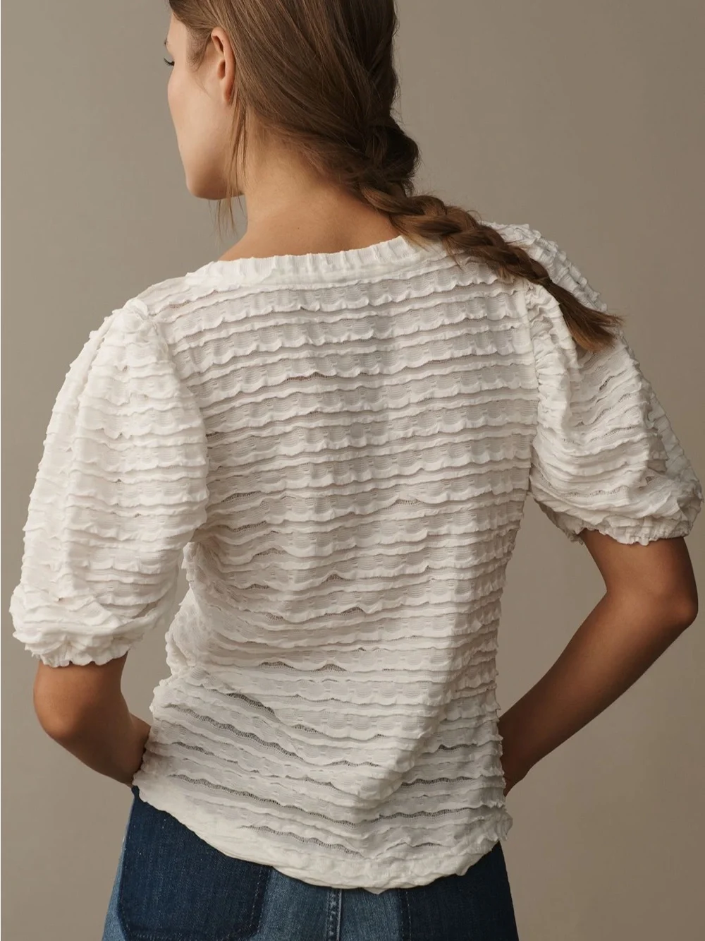 Anthropologie Cream Textured Puff-Sleeve Blouse